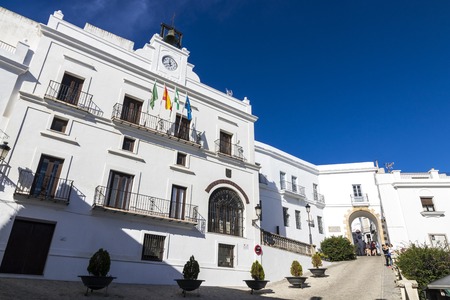 Vejer de la Frontera, Spain. A Spanish hilltop white town in the province of Cadiz, Andalusia. Views of the Town Hall and the Arco de la Villa gateのeditorial素材