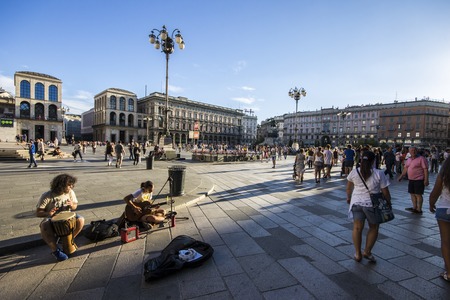 The Piazza del Duomo (cathedral square), the main city square of Milan, Italy. Dominated by Milan Cathedral, the Galleria and the Monument to King Vittorio Emmanuele IIのeditorial素材