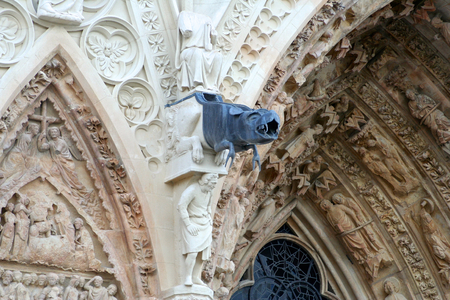 Reims, France. Details of the Cathedral of Our Lady (Cathedrale Notre Dame), a major High Gothic building and landmark in the French city of Reimsの写真素材