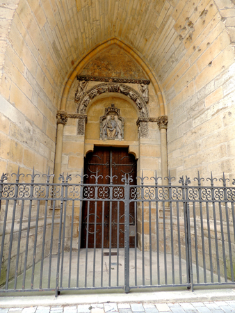 Reims, France. Details of the Cathedral of Our Lady (Cathedrale Notre Dame), a major High Gothic building and landmark in the French city of Reimsの写真素材