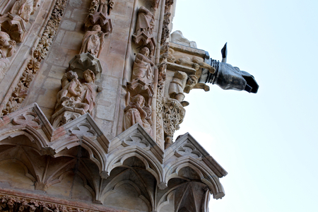 Reims, France. Details of the Cathedral of Our Lady (Cathedrale Notre Dame), a major High Gothic building and landmark in the French city of Reimsの写真素材