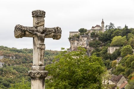 Rocamadour, France. Village on a cliff on the gorge of Dordogne river, with the Sanctuary of the Blessed Virgin Mary (Cite religieuse sanctuaire)の写真素材