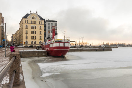 Helsinki, Finland. The Majakkalaiva Relandersgrund, a former Finnish lightship (a ship which acts as a lighthouse) painted red that is a restaurantのeditorial素材