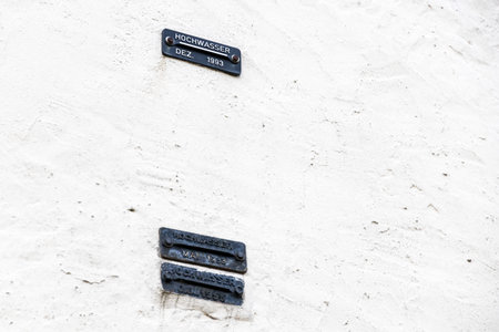 Trier, Germany. Water level markings at one of the old medieval cranes of the port of Trier, near...