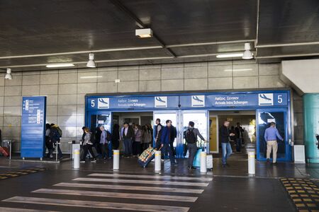 Athens, Greece. People entering and leaving the departures terminal of Athens International Airport Eleftherios Venizelos (ATH)のeditorial素材