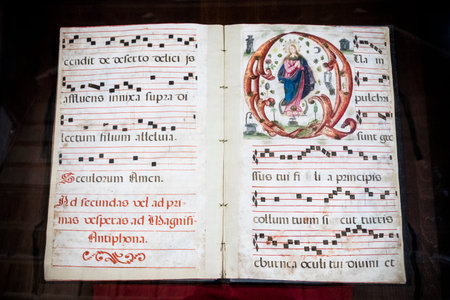 Carmona, Spain. Chantbook or antiphonary of Gregorian chant music inside the Convento de Santa Clara...