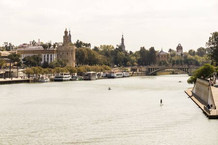 Seville, Spain. Views of the River Guadalquivir from the Puente de Triana bridgeのeditorial素材