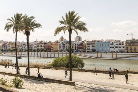 Seville, Spain. Views of the River Guadalquivir from the Puente de Triana bridgeのeditorial素材
