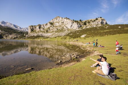 Cangas de Onis, Spain, People enjoying the Lago La Ercina, one of the Lakes of Covadongaのeditorial素材