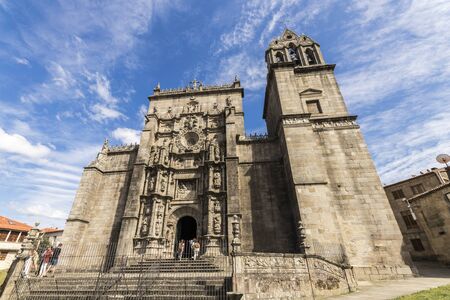 Pontevedra, Spain. Wide angle view of the main facade of the Basilica de Santa Maria la Mayor, example of Isabelline Gothicのeditorial素材
