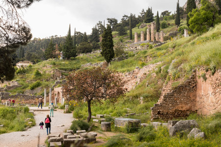 Delphi, Greece. Ruins of the buildings of the ancient Sanctuary of Apollo in Delphiのeditorial素材