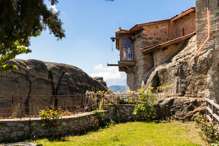 Meteora, Greece. The basket crane of the Byzantine Monastery of the Holy Trinity (Agios Triados) in...
