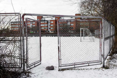 Helsinki, Finland. Empty football stadium covered in snowの写真素材