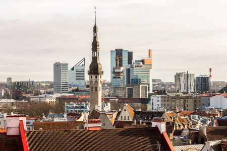 Tallinn, Estonia. The tower of Tallinn Town Hall (Tallinna raekoda), from the Kohtuotsa viewing...
