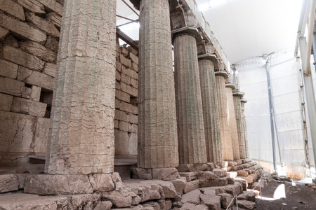 Bassae, Greece. Large ruined columns of the Temple of Apollo Epicurius inside a tentのeditorial素材