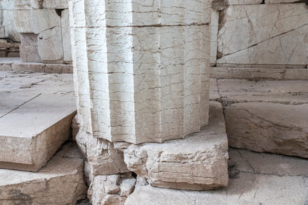 Bassae, Greece. Large ruined columns of the Temple of Apollo Epicurius inside a tentのeditorial素材