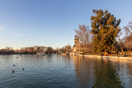 Madrid, Spain. Monument to Alfonso XII in Buen Retiro Park (El Retiro), situated on the east edge of an artificial lake near the center of the parkのeditorial素材