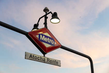 Madrid, Spain. Entrance to the underground subway entrance of Puerta de Atocha railway metro stationのeditorial素材