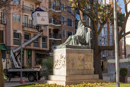 Ciudad Real, Spain. Monument to Miguel de Cervantes Saavedra, an Early Modern Spanish writer best known for novel Don Quixote or Quijote de la Manchaのeditorial素材