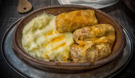 Traditional Serbian meal: sarma with mashed potatoes