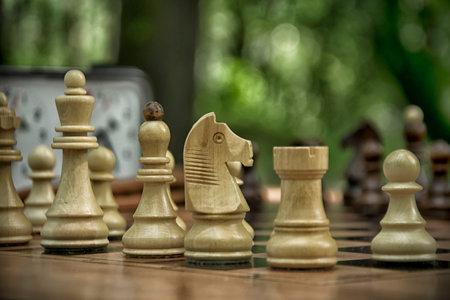 A close-up of a chess board outdoors