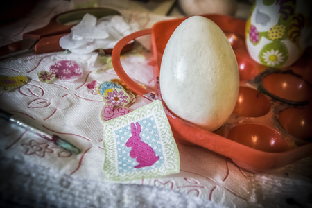 Decoupage work in progress on Easter eggs (decoupage work by myself)の写真素材