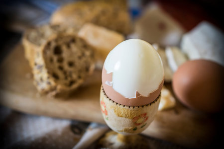 A rustic breakfast with boiled eggs and bread