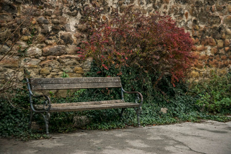 An old aged bench next to a grunge stone wall in the autumnの写真素材