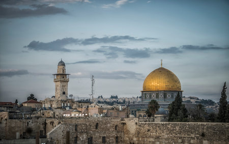 Jerusalem, Israel: A panoramic view of the Jerusalem Old City and Temple Mountの写真素材