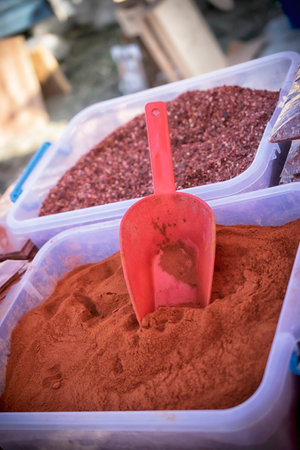 Boxes of ground paprika for sale on the marketplaceの写真素材