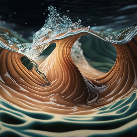 Generative AI abstract illustration of closeup water waves and droplets in strong coloursの素材