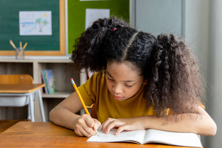 Portrait of an African American woman student taking notes in the classroom. School education conceptの写真素材