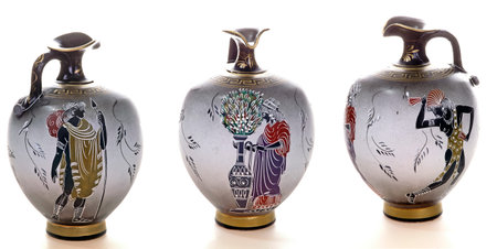 Replica of Sicilian Greek pottery with 3 isolated viewsの写真素材