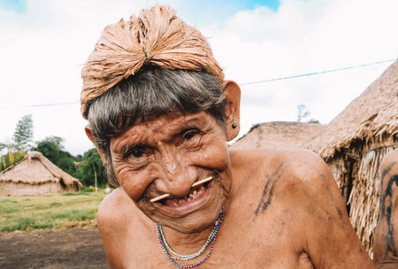 Indian elder man from the Arara of Laranjal tribe near Xingu River, Amazon, Brazil. 2007.のeditorial素材