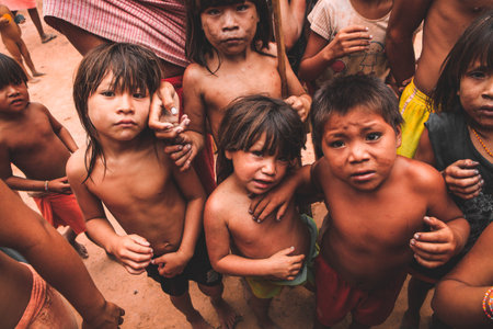 Group of indian children from an Amazon indigenous tribe in Brazil looking curiously at the camera. Baixo Amazonas, ParÃ¡, Brazil. 2010.のeditorial素材