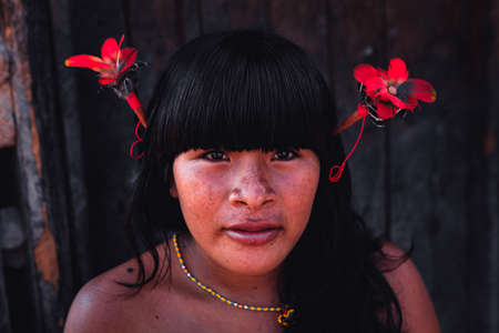 Beautiful indian woman, with expressive eyes, from an Amazon tribe in Brazil. Baixo Amazonas, PArÃ¡, Amazon, Brazil. 2010.のeditorial素材