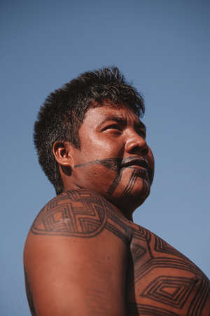 Indigenous man from the Asurini tribe of Baixo Amazonas, ParÃ¡, Amazon, Brazil. 2010.のeditorial素材