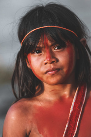 Indian child from a Brazilian Amazon tribe, taking part in the Indigenous Games, Xingu River, 2009.