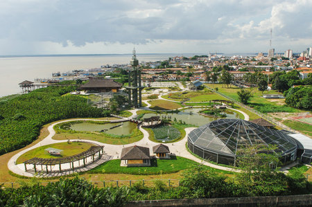Aerial view of Mangal das GarÃ§as, landscaped gardens with a riverside observation tower & ponds....