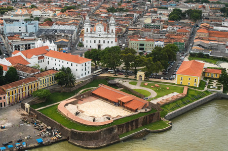 Aerial view of Feliz LusitÃ¢nia, Forte do Castello and Catedral da SÃ©, Important tourist spots in BelÃ©m do ParÃ¡, Amazon, North Brazil. November, 2003.のeditorial素材