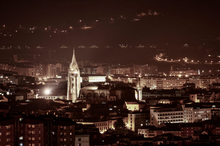 Aerial and night view of the cathedral of Spain in the middle of the city surrounded by buildings. Relating to tourism, travel, history and medievalの写真素材