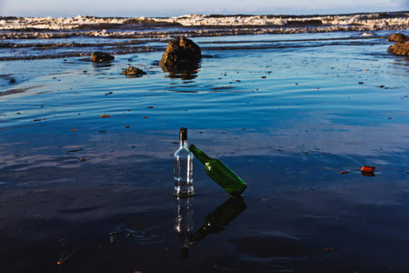 Two glass bottles on the shore of a beach with the waves coming towards them. Relating to the...