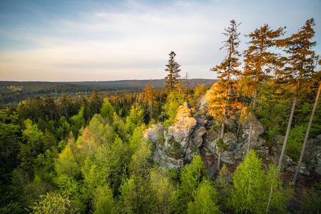 Sunbeams falling on rocks and forest at sunriseの写真素材
