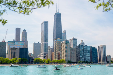 city and blue lakeの写真素材