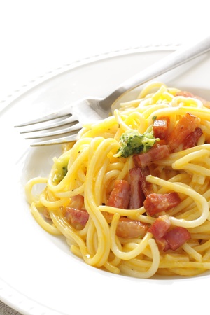 italian cuisine, Carbonara spaghetti on white backgroundの写真素材