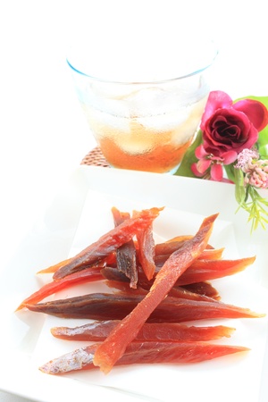 Japanese food, dried salmon and Plum wineの写真素材