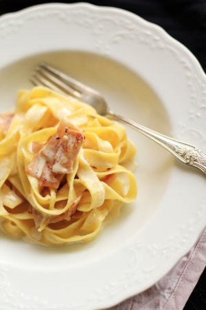 italian cuisine, bacon and cream sauce fettuccineの写真素材