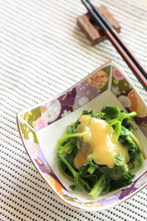 japanese cuisine, boiled mitsuba with mustard sauceの写真素材