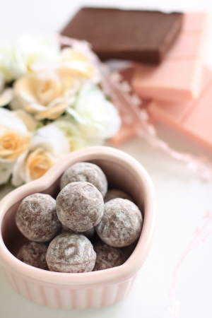 chocolate ball in heart shaped bowl for valentine s day imageの写真素材