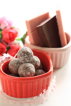chocolate ball in heart shaped bowl for valentine s day imageの写真素材